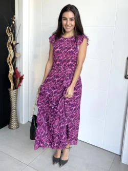 Vestido Midi Volantes Estampado Morado y Fucsia - Imagen 2