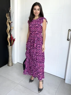Vestido Midi Volantes Estampado Morado y Fucsia