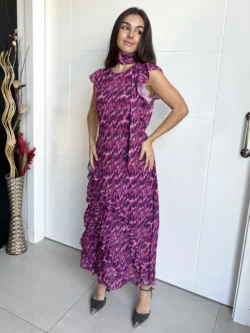 Vestido Midi Volantes Estampado Morado y Fucsia - Imagen 6