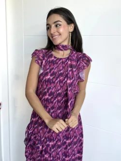 Vestido Midi Volantes Estampado Morado y Fucsia - Imagen 5