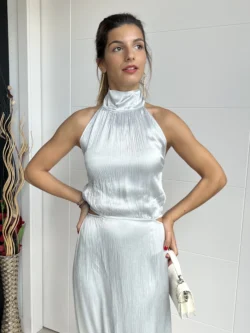 Vestido Midi Abertura Plateado - Imagen 3