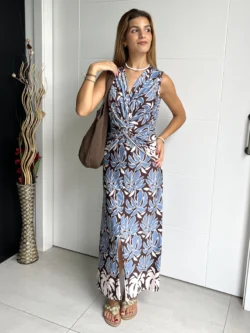 Vestido Midi Seda Fría Cruce Estampado Azul y Marrón - Imagen 3