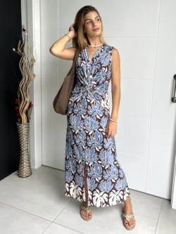 Vestido Midi Seda Fría Cruce Estampado Azul y Marrón