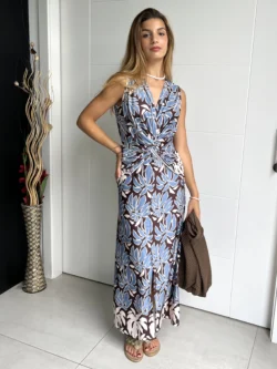 Vestido Midi Seda Fría Cruce Estampado Azul y Marrón - Imagen 2