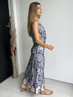 Vestido Midi Seda Fría Cruce Estampado Azul y Marrón - Imagen 6