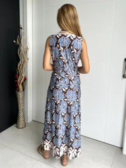 Vestido Midi Seda Fría Cruce Estampado Azul y Marrón - Imagen 7