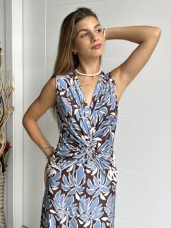 Vestido Midi Seda Fría Cruce Estampado Azul y Marrón - Imagen 4