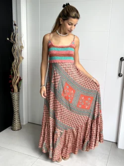 Vestido India Tirantes Boho Rosa y Verde Agua - Imagen 5