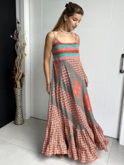 Vestido India Tirantes Boho Rosa y Verde Agua - Imagen 3