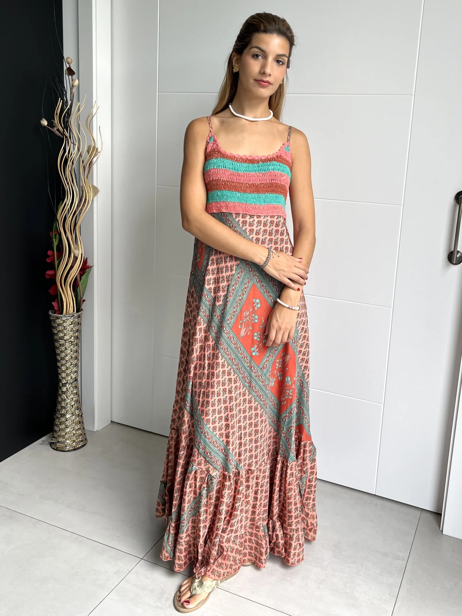 Vestido India Tirantes Boho Rosa y Verde Agua