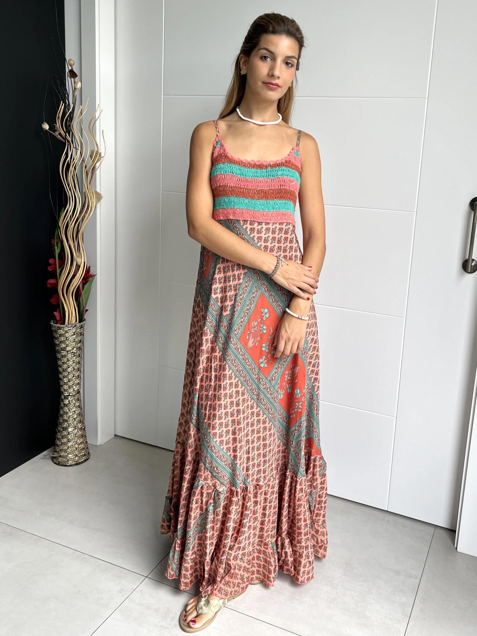 img-1529 Vestido India Tirantes Boho Rosa y Verde Agua - Imagen 1