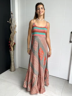 Vestido India Tirantes Boho Rosa y Verde Agua - Imagen 4