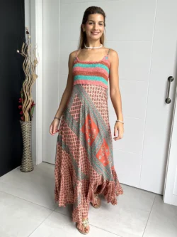 Vestido India Tirantes Boho Rosa y Verde Agua - Imagen 7