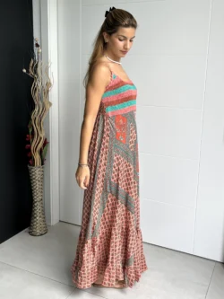 Vestido India Tirantes Boho Rosa y Verde Agua - Imagen 8