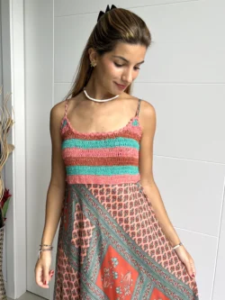 Vestido India Tirantes Boho Rosa y Verde Agua - Imagen 2