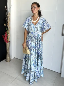 Vestido India Boho Azul y Blanco - Imagen 4
