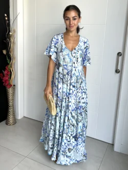 Vestido India Boho Azul y Blanco - Imagen 5