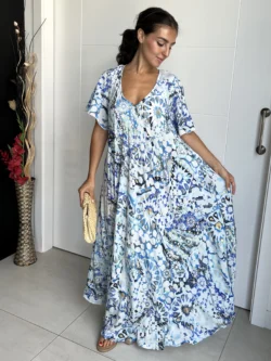 Vestido India Boho Azul y Blanco