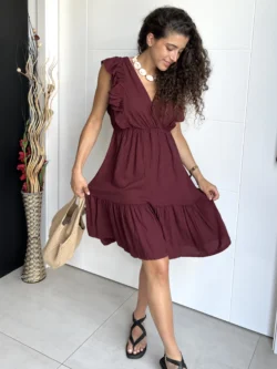 Vestido Lino Corto Granate - Imagen 3