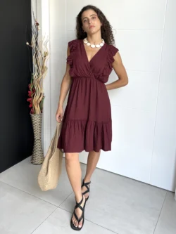 Vestido Lino Corto Granate - Imagen 4