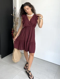 Vestido Lino Corto Granate - Imagen 5