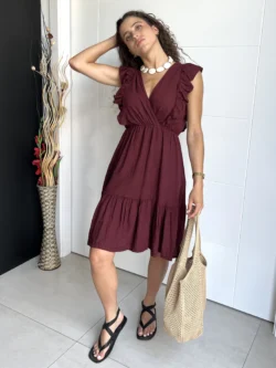 Vestido Lino Corto Granate - Imagen 7