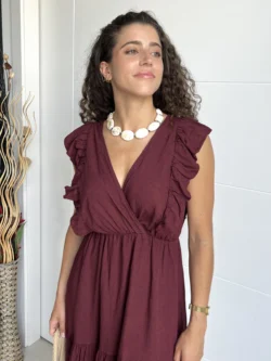 Vestido Lino Corto Granate - Imagen 2