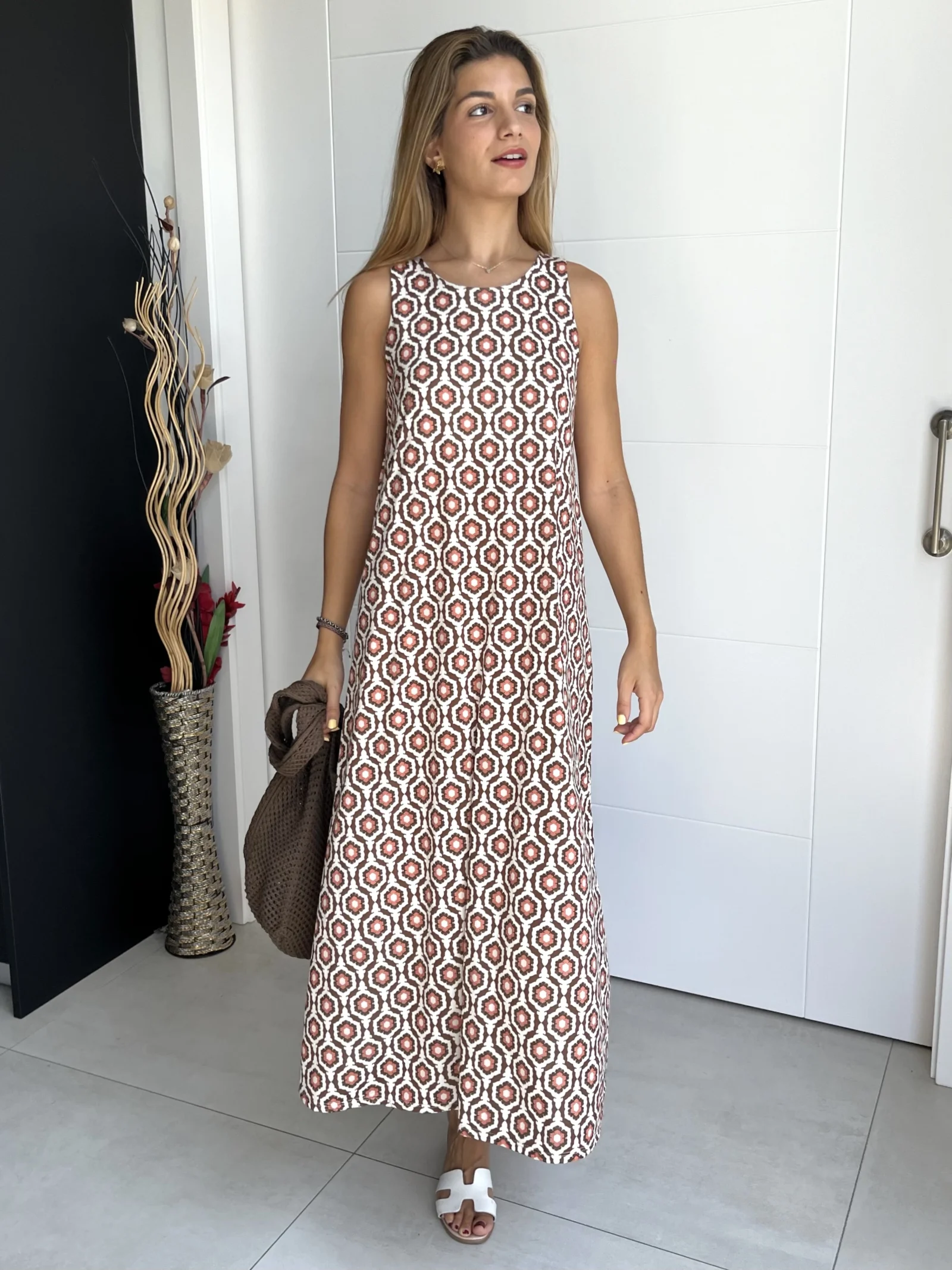 Vestido Tirantes Seda Fría Estampado Marrón