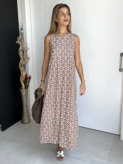 Vestido Tirantes Seda Fría Estampado Marrón