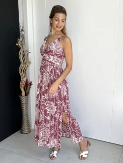 Vestido Tirantes Cruce Flores Berenjena