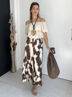 Falda Raso Estampada Chocolate