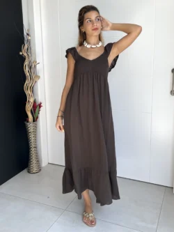 Vestido Midi Vuelo Volantes Chocolate