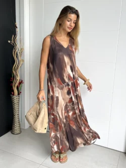 Vestido Tirantes Seda Fría Óleo Marrón - Imagen 3
