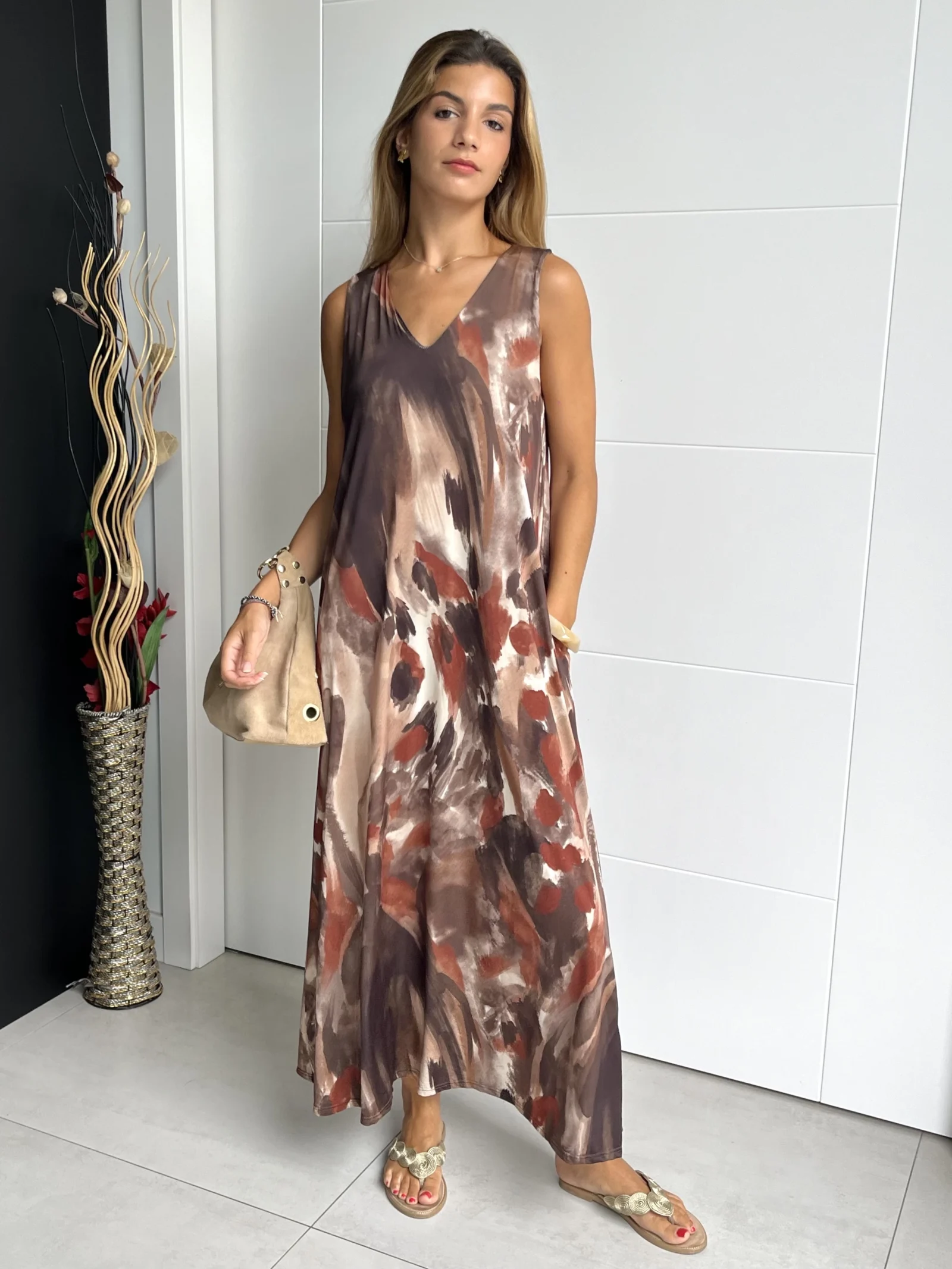 Vestido Tirantes Seda Fría Óleo Marrón