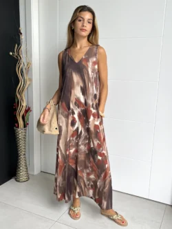 Vestido Tirantes Seda Fría Óleo Marrón