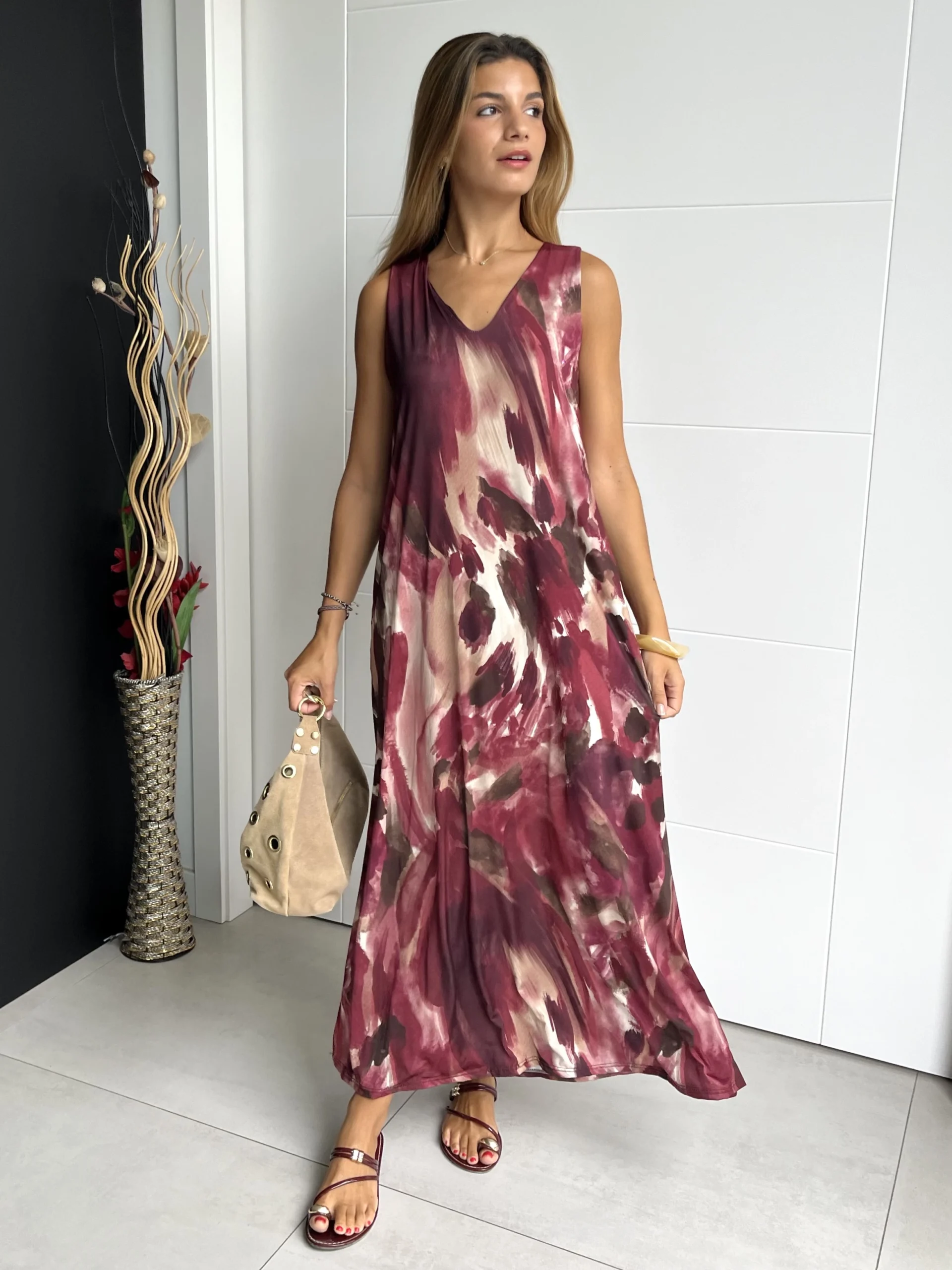 img-3164 Vestido Tirantes Seda Fría Óleo Burdeos - Imagen 1
