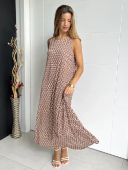 Vestido Tirantes Seda Fría Rombos Marrón