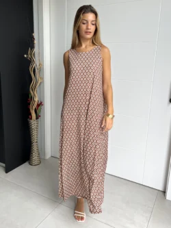 Vestido Tirantes Seda Fría Rombos Marrón - Imagen 5