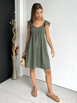 Vestido Corto Drapeado Verde Caqui - Imagen 2