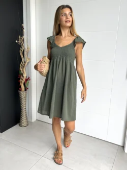 Vestido Corto Drapeado Verde Caqui - Imagen 5