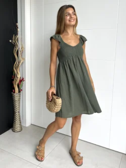 Vestido Corto Drapeado Verde Caqui - Imagen 6