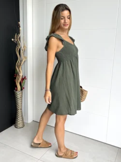 Vestido Corto Drapeado Verde Caqui - Imagen 7