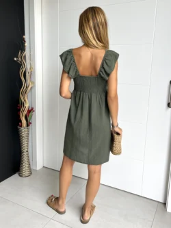 Vestido Corto Drapeado Verde Caqui - Imagen 8