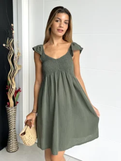 Vestido Corto Drapeado Verde Caqui - Imagen 3