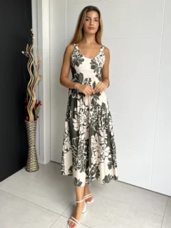 Vestido Midi Asimétrico Flores Verde y Crudo - Imagen 3