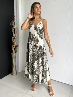 Vestido Midi Asimétrico Flores Verde y Crudo