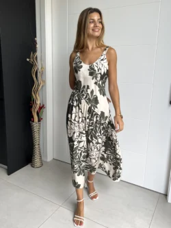 Vestido Midi Asimétrico Flores Verde y Crudo - Imagen 5