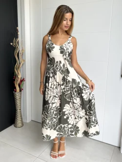 Vestido Midi Asimétrico Flores Verde y Crudo - Imagen 6