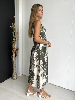 Vestido Midi Asimétrico Flores Verde y Crudo - Imagen 7