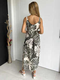 Vestido Midi Asimétrico Flores Verde y Crudo - Imagen 8